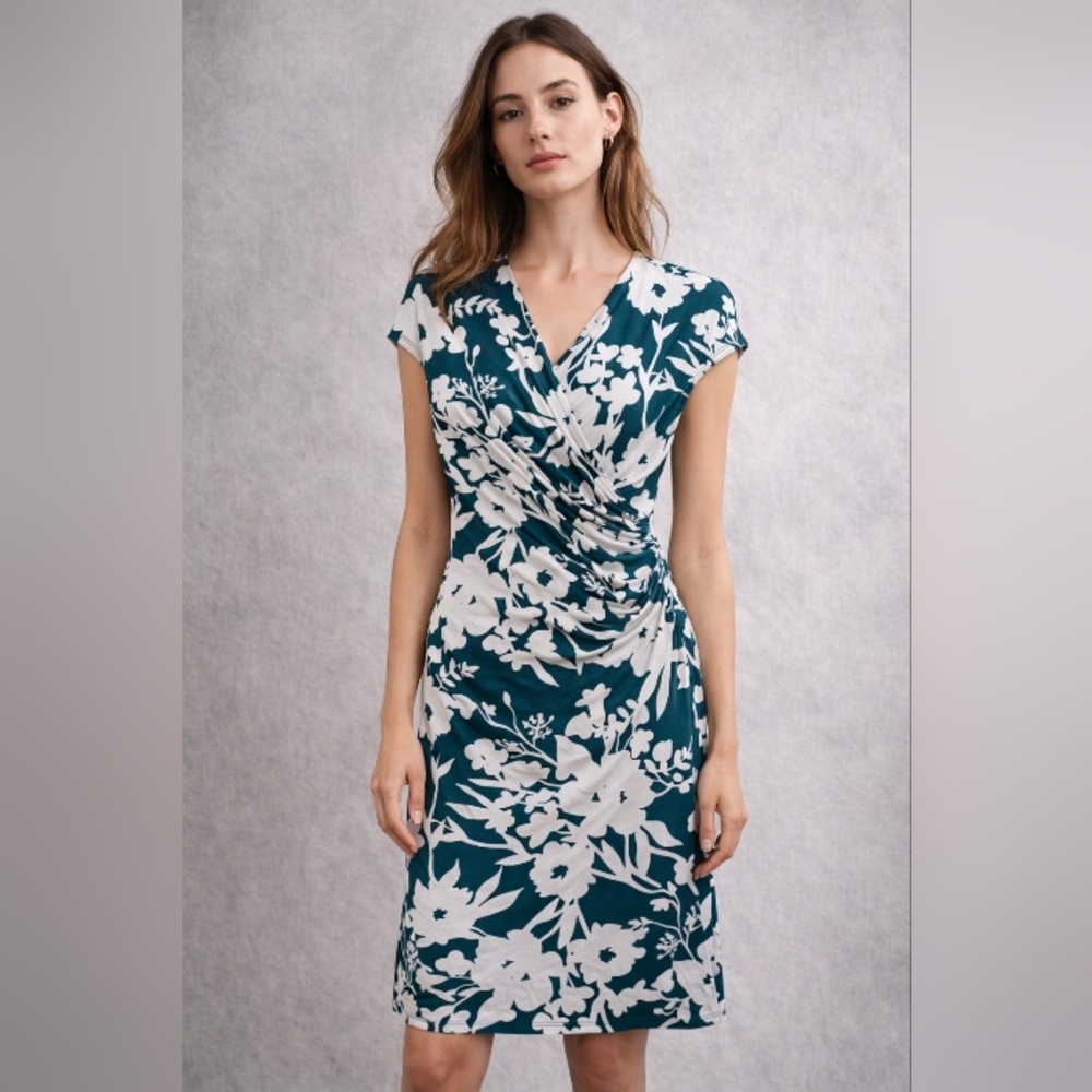 Tommy Bahama Floral Wrap Style Ruched Dress Teal White Stretch Jersey Size S